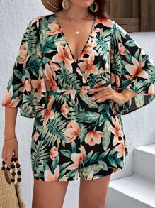 SHEIN VCAY Plus Tropical Print Surplice Neck Romper - Multicolor - View 5