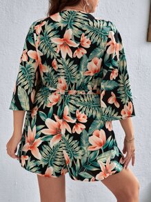 SHEIN VCAY Plus Tropical Print Surplice Neck Romper - Multicolor - View 2
