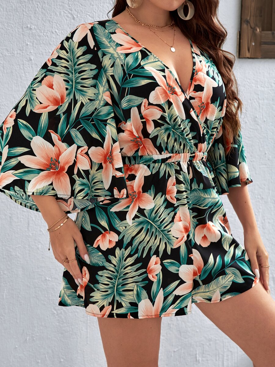 SHEIN VCAY Plus Tropical Print Surplice Neck Romper - Multicolor - View 1
