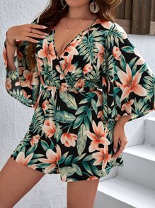 SHEIN VCAY Plus Tropical Print Surplice Neck Romper - Multicolor - View 4