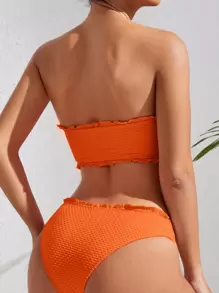 SHEIN Swim Summer Beach Lettuce Trim Bandeau Bikini Set, Bathing Suit - Orange - View 5