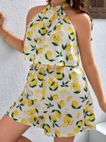 Dreamara 大碼檸檬圖案掛脖上衣和短褲 - 彩色 - 查看 3