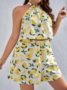 Dreamara 大碼檸檬圖案掛脖上衣和短褲 - 彩色 - 查看 4