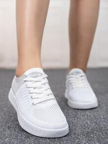 運動板鞋適用於女士雙色繫帶織物運動鞋 - 白色 - 查看 3