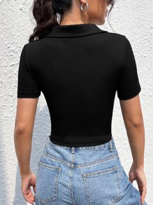 SHEIN EZwear Solid Ribbed Knit Crop Tee - Black - View 2