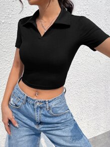 SHEIN EZwear Solid Ribbed Knit Crop Tee - Black - View 6