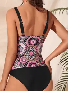 SHEIN Swim Summer Beach Mandala Print Tankini Set Adjustable Strap Cami Top & High Waisted Bottom 2 Piece Bathing Suit - Black - View 2