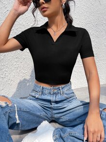 SHEIN EZwear Solid Ribbed Knit Crop Tee - Black - View 5