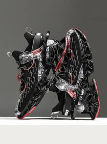 Sporty Running Shoes For Men, Colorblock Fish Scales Pattern Lace Up Sneakers - Black - View 2