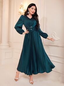 Modelyn Rhinestone Detail Pleated Hem Dress - Dark Green - View 1