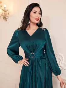 Modelyn Rhinestone Detail Pleated Hem Dress - Dark Green - View 5