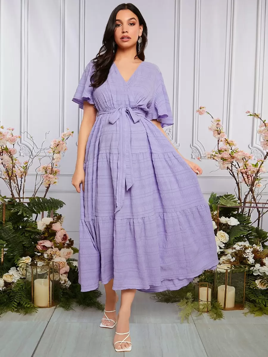 SHEIN 孕妇斜领蝴蝶袖系带连衣裙，适合派对