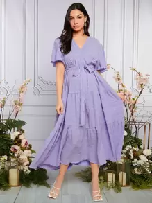 SHEIN 孕妇斜领蝴蝶袖系带连衣裙，适合派对