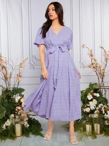 SHEIN 孕妇斜领蝴蝶袖系带连衣裙，适合派对