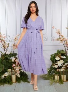 SHEIN 孕妇斜领蝴蝶袖系带连衣裙，适合派对