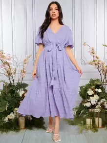 SHEIN 孕妇斜领蝴蝶袖系带连衣裙，适合派对