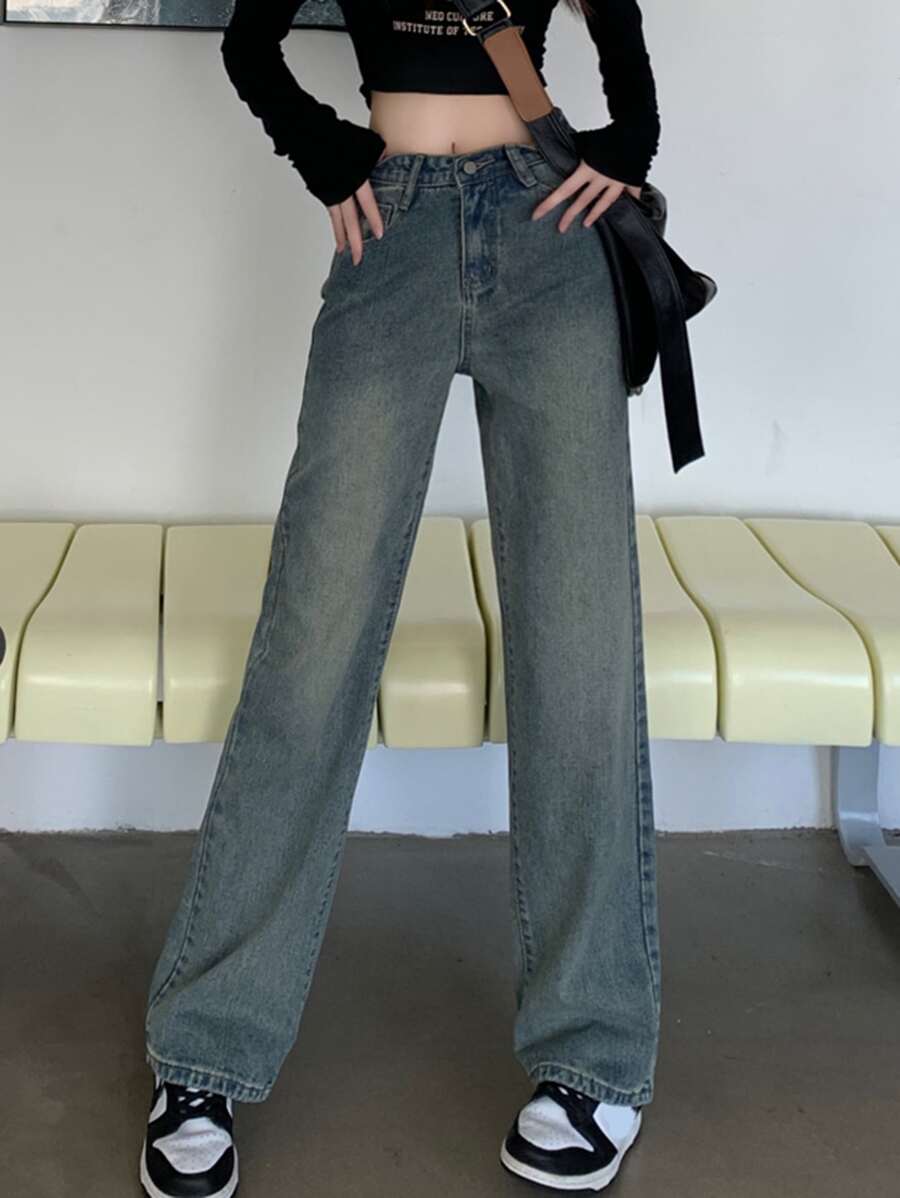 素色直筒牛仔褲