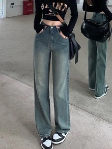 素色直筒牛仔褲