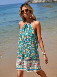 SHEIN VCAY Floral Print Halter Neck Dress - Green - View 3