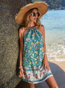 SHEIN VCAY Floral Print Halter Neck Dress - Green - View 1