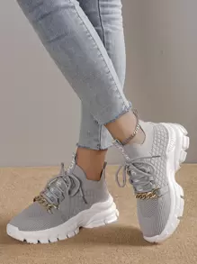 運動老爹鞋適用於女士字母貼飾鏈條裝飾繫帶織物運動鞋