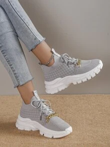 運動老爹鞋適用於女士字母貼飾鏈條裝飾繫帶織物運動鞋