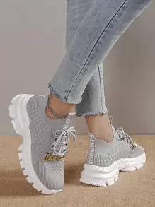 運動老爹鞋適用於女士字母貼飾鏈條裝飾繫帶織物運動鞋