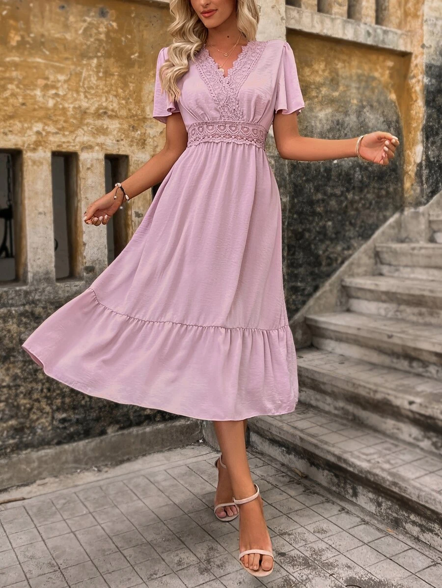 SHEIN Holidaya Vestido panel con encaje de manga mariposa bajo con fruncido - Rosa vieja - Ver 1