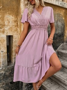 SHEIN Holidaya Vestido panel con encaje de manga mariposa bajo con fruncido - Rosa vieja - Ver 3