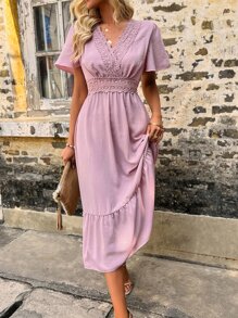 SHEIN Holidaya Vestido panel con encaje de manga mariposa bajo con fruncido - Rosa vieja - Ver 5