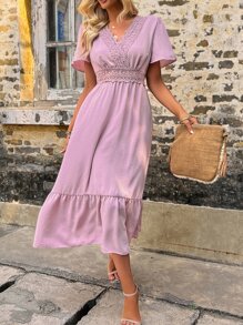 SHEIN Holidaya Vestido panel con encaje de manga mariposa bajo con fruncido - Rosa vieja - Ver 6
