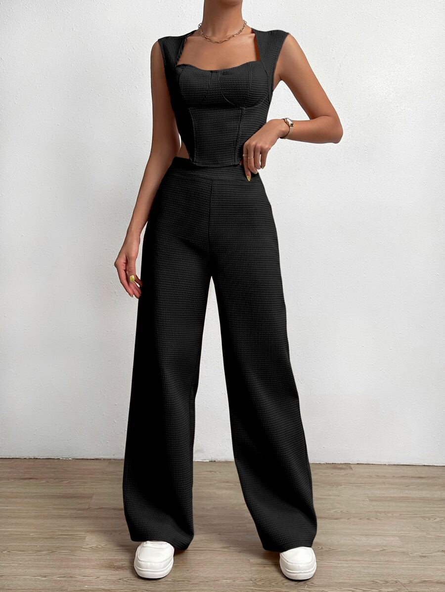 SHEIN LUNE Bộ đồ hai mảnh nữ Dây kéo màu trơn Giải trí - màu đen - Xem 1