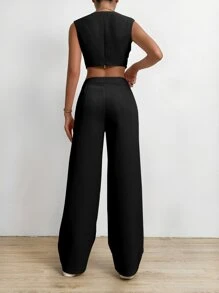 SHEIN LUNE Bộ đồ hai mảnh nữ Dây kéo màu trơn Giải trí - màu đen - Xem 2