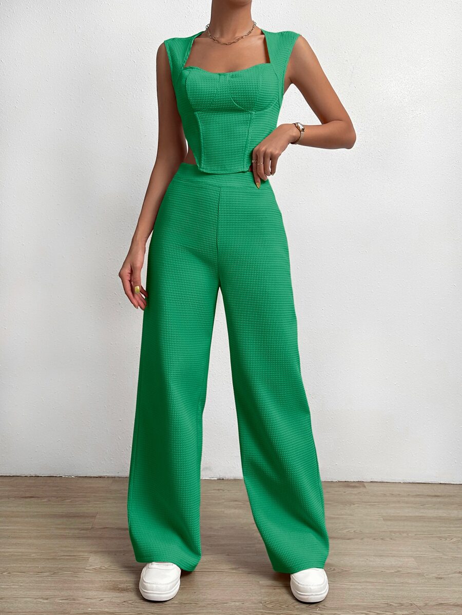 SHEIN MOOSTA Solid Asymmetrical Hem Tank Top & Wide Leg Trousers - Green - View 1