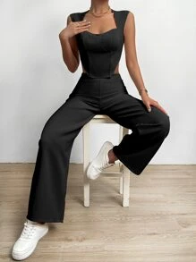SHEIN LUNE Bộ đồ hai mảnh nữ Dây kéo màu trơn Giải trí - màu đen - Xem 3