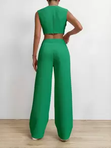 SHEIN MOOSTA Solid Asymmetrical Hem Tank Top & Wide Leg Trousers - Green - View 2