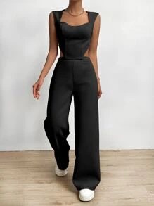 SHEIN LUNE Bộ đồ hai mảnh nữ Dây kéo màu trơn Giải trí - màu đen - Xem 4