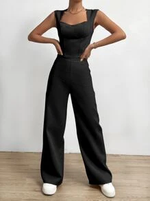 SHEIN LUNE Bộ đồ hai mảnh nữ Dây kéo màu trơn Giải trí - màu đen - Xem 5