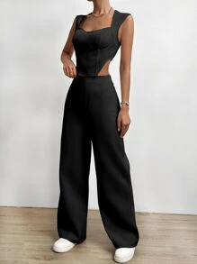 SHEIN LUNE Bộ đồ hai mảnh nữ Dây kéo màu trơn Giải trí - màu đen - Xem 6