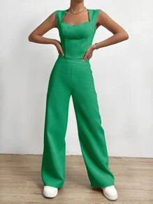 SHEIN MOOSTA Solid Asymmetrical Hem Tank Top & Wide Leg Trousers - Green - View 4