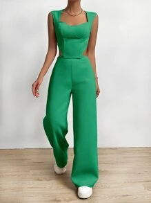 SHEIN MOOSTA Solid Asymmetrical Hem Tank Top & Wide Leg Trousers - Green - View 5
