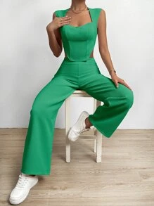 SHEIN MOOSTA Solid Asymmetrical Hem Tank Top & Wide Leg Trousers - Green - View 6