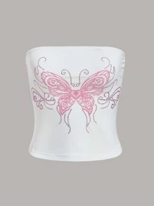 SHEIN ICON Áo nữ Pha lê kim cương Loại bướm Giải trí - trắng - Xem 1