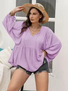 Áo sơ mi Plus Size Viên lá sen màu trơn Boho - Màu tím hoa cà - Xem 1