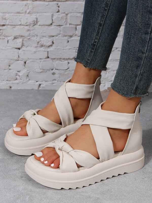 Fashion Beige Sporty Sandals For Women, Knot Decor Zipper Back Sandals