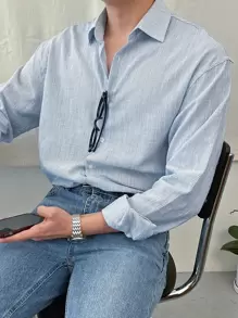 DAZY 男士条纹纽扣衬衫，秋季长袖男士衬衫商务正装