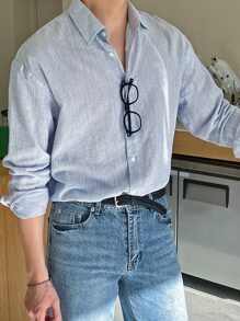 DAZY 男士条纹纽扣衬衫，秋季长袖男士衬衫商务正装