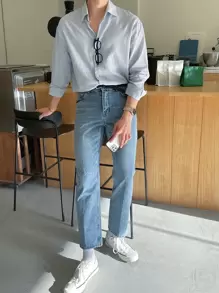 DAZY 男士条纹纽扣衬衫，秋季长袖男士衬衫商务正装