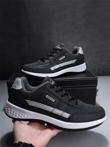 2024 新款青少年运动鞋，拼接皮革鞋面时尚纯色平底简约滑板鞋，校园风格学生户外休闲百搭男士网球鞋，通勤休闲步行鞋