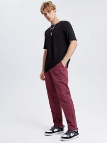 Manfinity VCAY Hombres Pantalones de rayas de cintura con cordón con bolsillo oblicuo - Burdeos - Ver 3